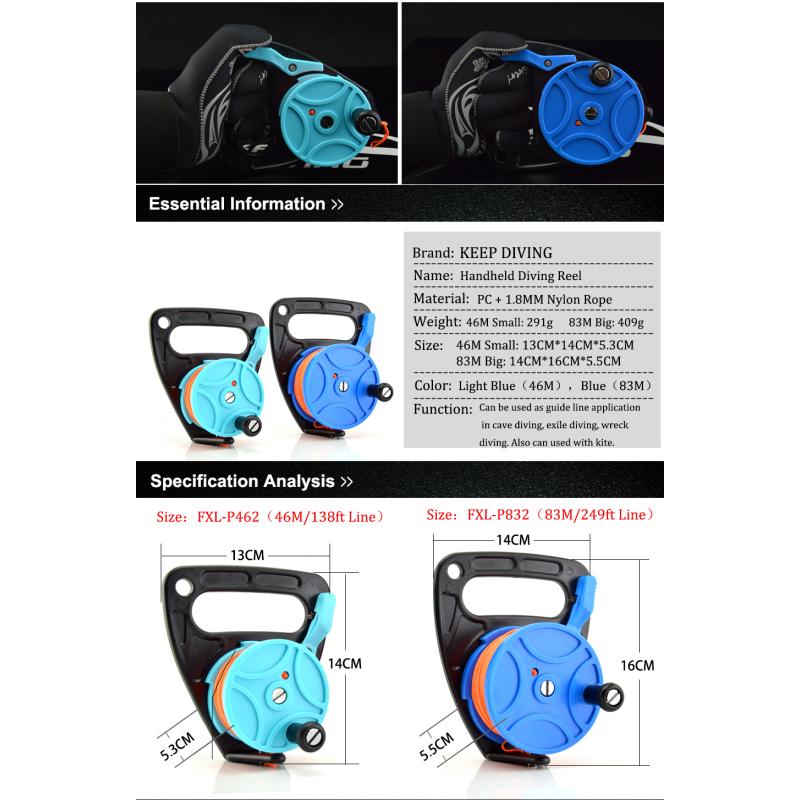 150/249 футов катушка для подводного плавания с затонувшей катушкой, катушки с леской для пальцев, пещерная катушка с ручкой, снаряжение для подводного плавания, водных видов спорта