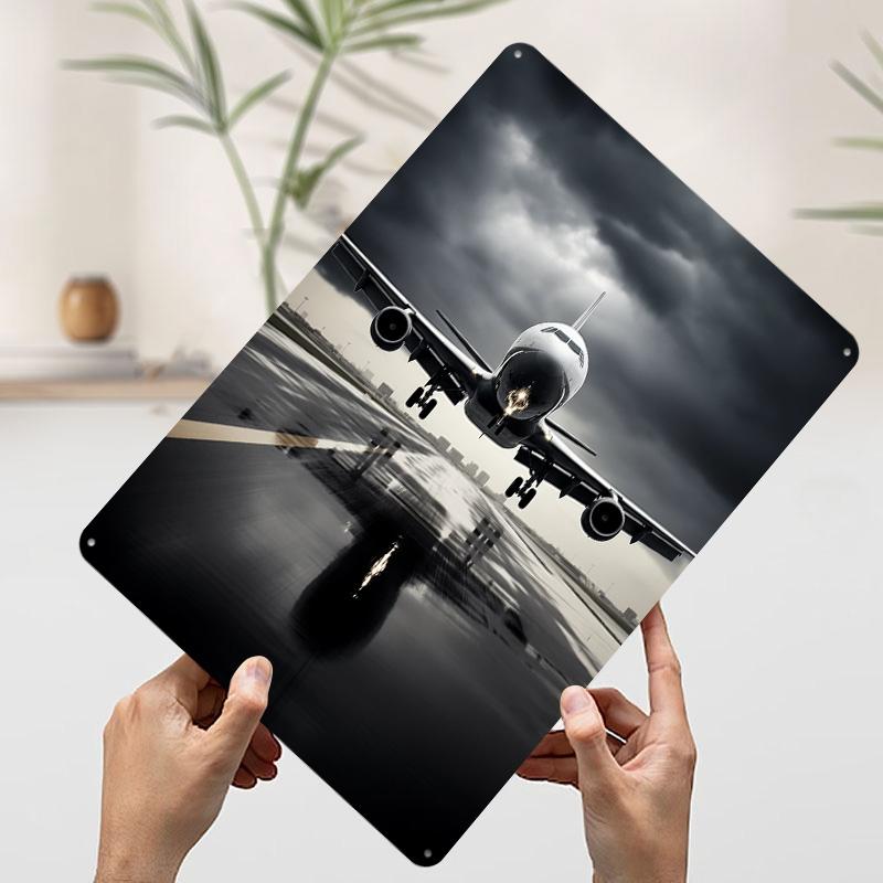 Airliner Take Off Rainy Printed Poster Customized Wall Art Retro Vintage Metal Tin Signs for Garage Decoration Room Desk Decor