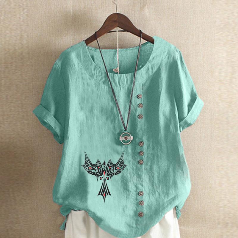 Women's Fashion Pattern Print Short Sleeve T-shirt Loose Cotton Shirt Casual Loose Summer Blouse Tops Plus Size