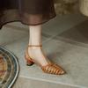 2025 Summer New Woven Belt French Roman Shoes Retro Pointed Hollow Middle Heel Thick Heel Bag Head Fashion Sandals