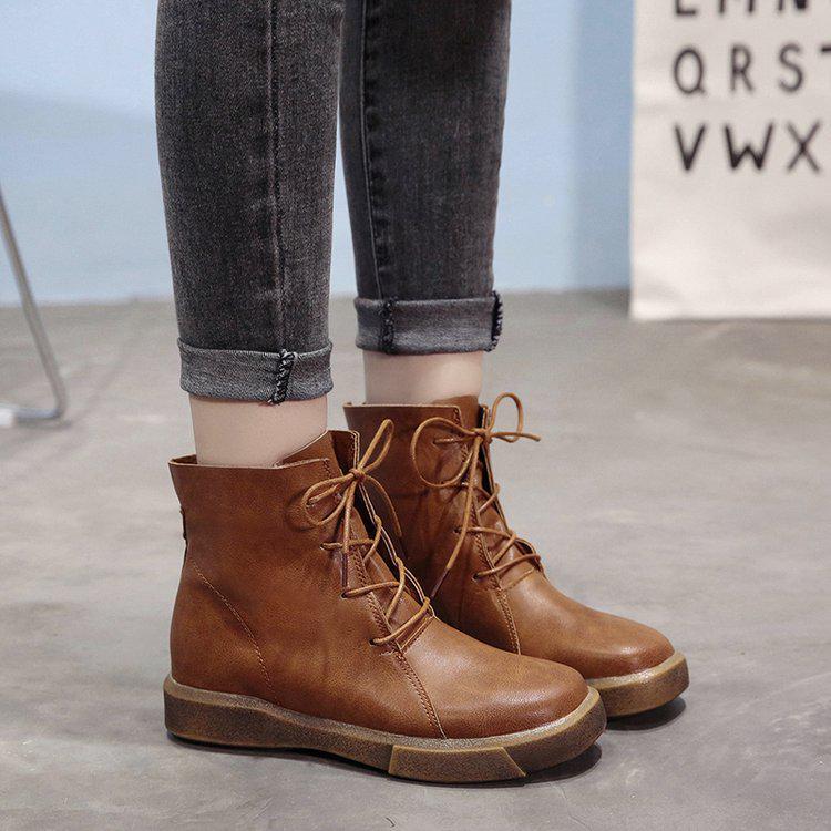 Fashion Women PU Leather Ankle Boots Ladies Retro Shoes Woman Flats Lace Up Light Weight Soft Bottom Sewing Women's Shoes New