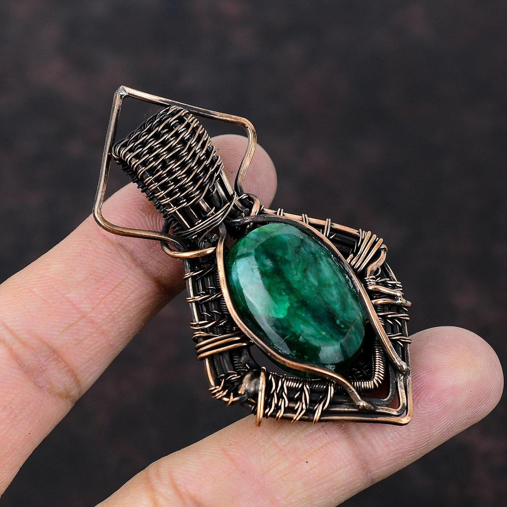 Граненый Замбийский Изумруд Подвеска Подвеска из Драгоценного Камня, Обмотанная Медной Проволокой Украшения Ручной Работы Удивительная Подвеска Украшения из Медной Проволоки Подарок для Мамы