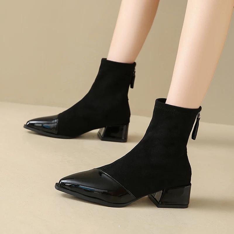 2024 Высококачественная женская обувь Ботильоны женские элегантные современные ботинки женские швейные с острым носком средний каблук сзади молния обувь женская