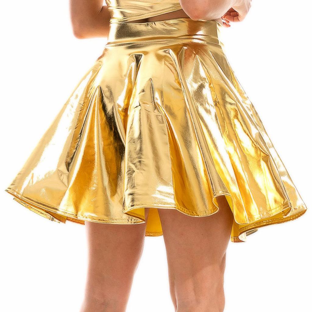 Женская глянцевая расклешенная юбка с высокой талией, блестящая металлическая рюшная костюмная одежда для вечеринок и танцев