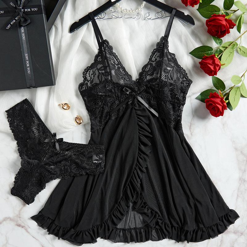 Summer Sexy Lingerie Dress Women Lace See Through Nightdress Sleepwear Solid Slim Soft V Neck Full Slip Sleepwear & Dresses