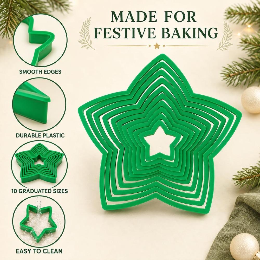 10 Piece Five-pointed Star Shaped Christmas Star Tree Cookie Cutters Green Biscuit Stamp Bakery