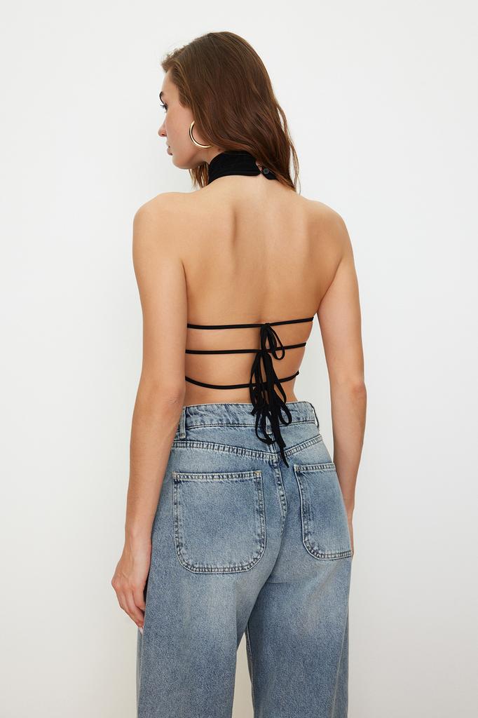 Women's Fashion New Blouse Black Stand Collar Crop Off Shoulder Knitted Blouse