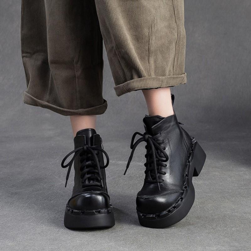 GKTINOO 2025 Зимние Новые Ретро с увеличением высоты Толстая подошва Ботильоны Универсальные и Удобные Женские Туфли из Натуральной Кожи