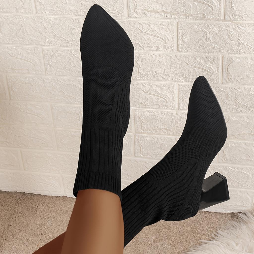 Women's Autumn and Winter New Korean Version of Flying Woven Thick Heel Booties Pointed Elastic Socks Boots High Heel Fashion Boots