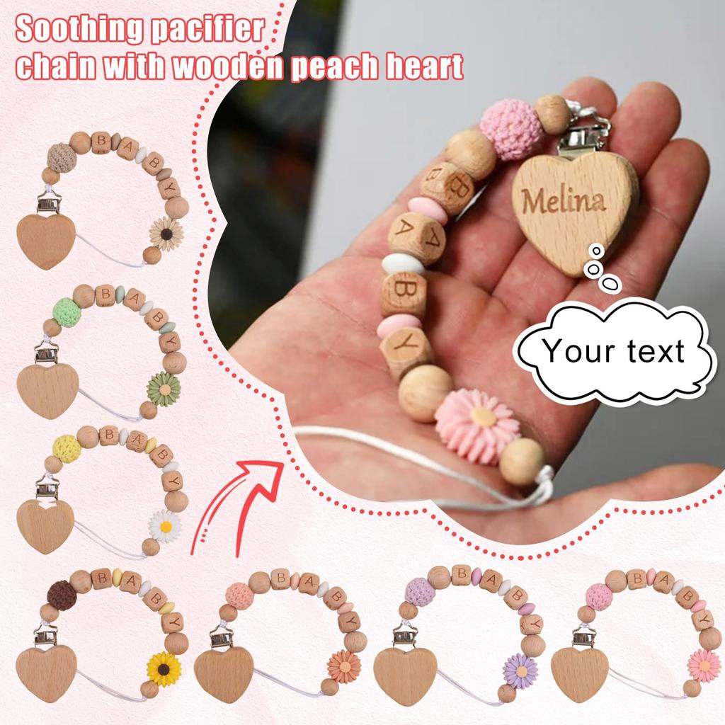 Персонализированная гравировка на зажиме для детской соски, цепочка для детской соски, зажим для персикового дерева из бука, цепочка для прорезывания зубов
