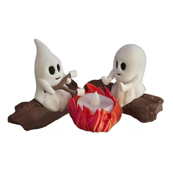 Ghost Campfire Gathering Scene Resin 2 Ghosts with Cat/Dog Making Smores Figurine Flickering LED Bonfire Halloween Night Light