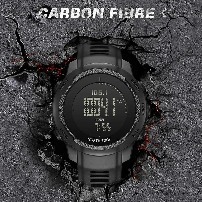 NORTH EDGE Мужские цифровые часы из углеродного волокна, корпус для мужчин, спортивные, беговые, плавающие, WR50M, часы с высотомером, барометром, компасом