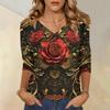 Женские топы, рубашка с рукавом три четверти, свободная повседневная рубашка с V-образным вырезом, футболка с цветочным принтом