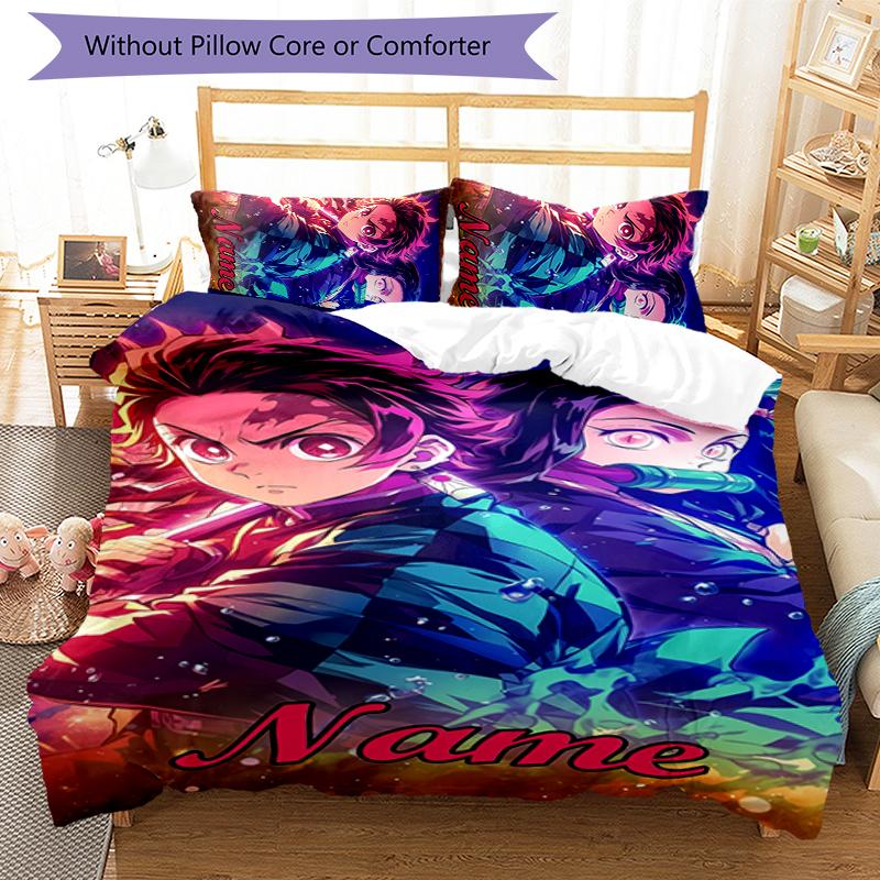 3pcs Custom Name Demon Slayer Tanjiro Kamado Bedding Set Duvet Cover Closure Includes 1 Duvet Cover & 2 Pillowcases for All Seasons Bedroom Decor