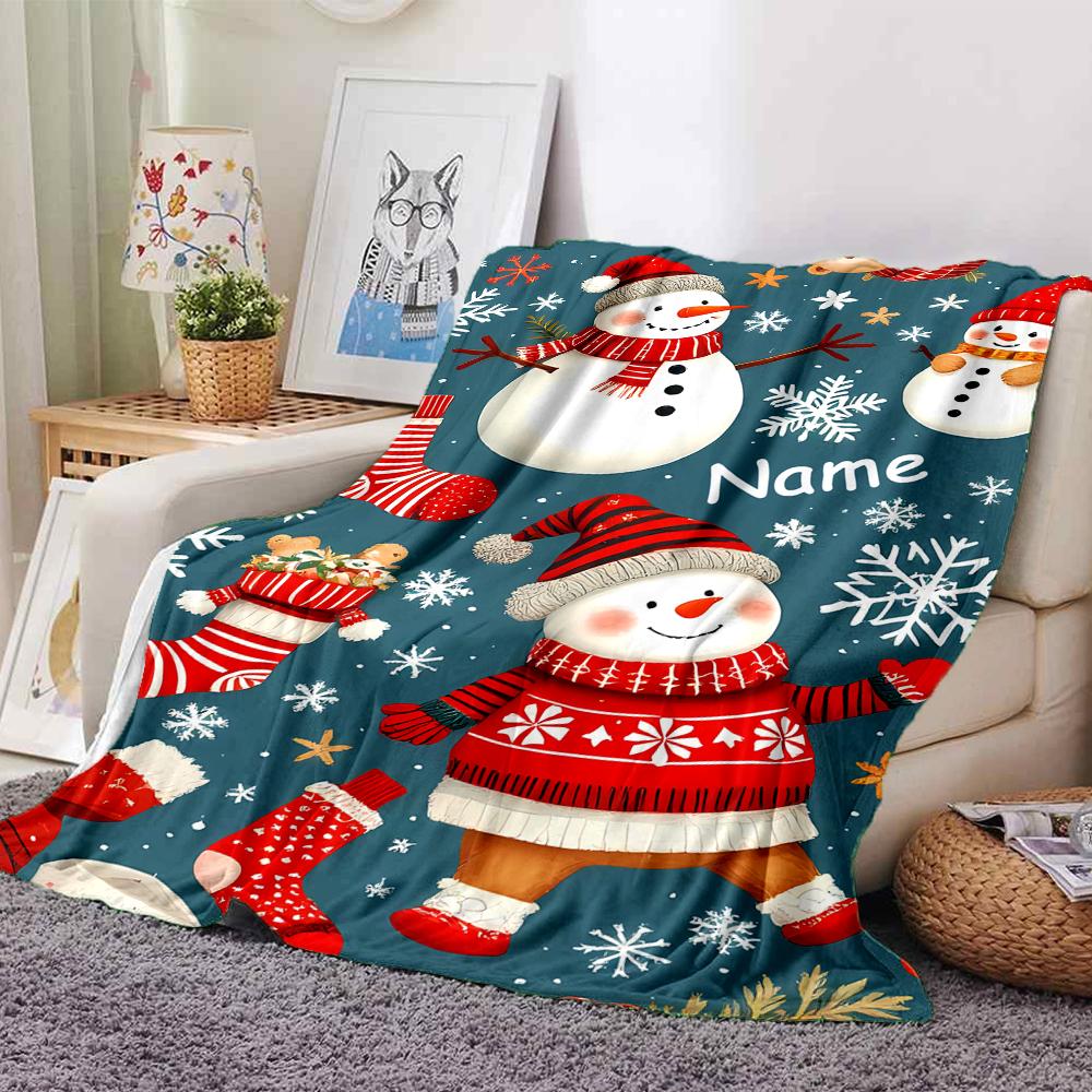 Custom Name Christmas Snowman Theme Printed Blanket - Perfect for Couch, Bed, Travel & Outdoor Use | Machine Washable, Cozy & Durable.