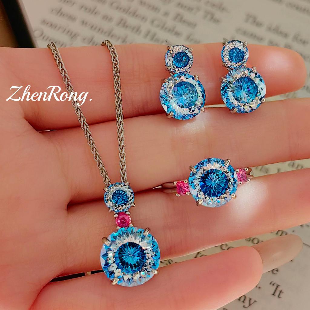 Colorful Pink Diamond Treasure Set Bright Smoke Cut Paraiba Pendant Opening Ring Tanzanian Blue Stud Earrings Women