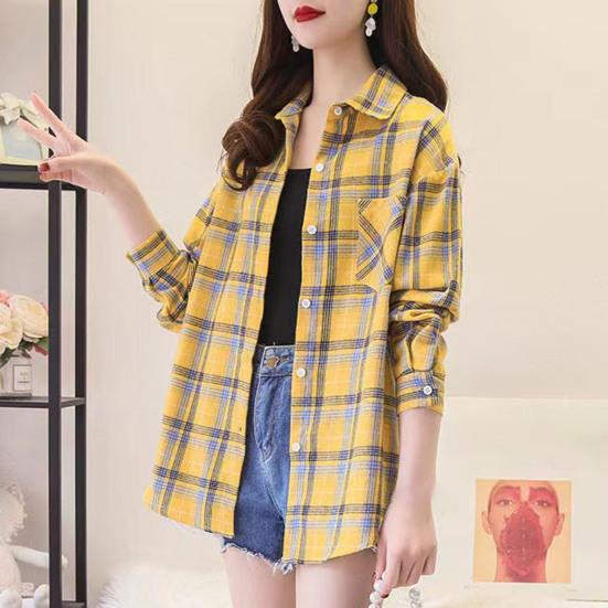 Отложной воротник, длинный рукав, однобортная рубашка с накладными карманами, свободная рубашка, классическая повседневная рубашка с клетчатым принтом, блузка, женская одежда