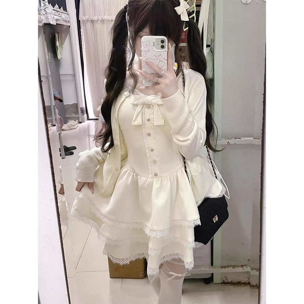 Французский милый, красивый и уникальный, супер привлекательный кардиган-жакет, пушистое платье-торт, комплект из двух предметов, на маленькую весну и осень