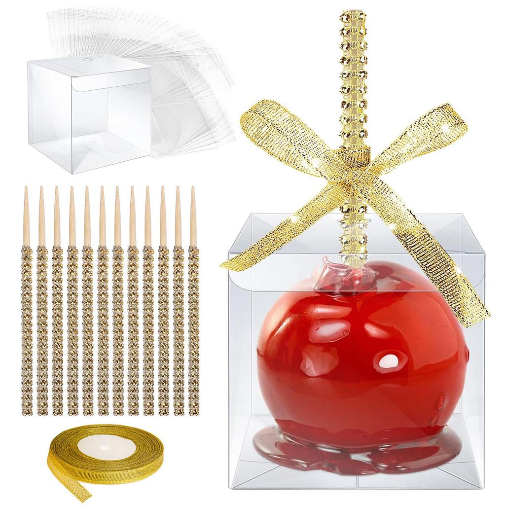 Candy Apple Boxes with Bling Stick Hole Set,with Clear Containers & Rhinestone Bamboo Skewers & Glitter Ribbons