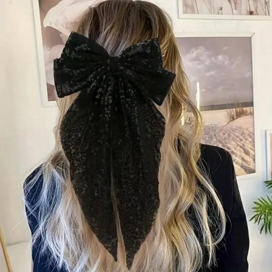 Spring Clip Glitter Layered Hair Bow Hair Pin Women Girls Sparkling Large Long Style Decorative Hairpin