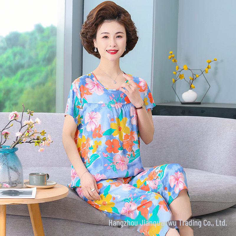 Женский летний пижамный комплект из хлопкового шелка - комплект из двух предметов с короткими рукавами для матерей среднего и пожилого возраста, подходит для ношения в помещении и на улице