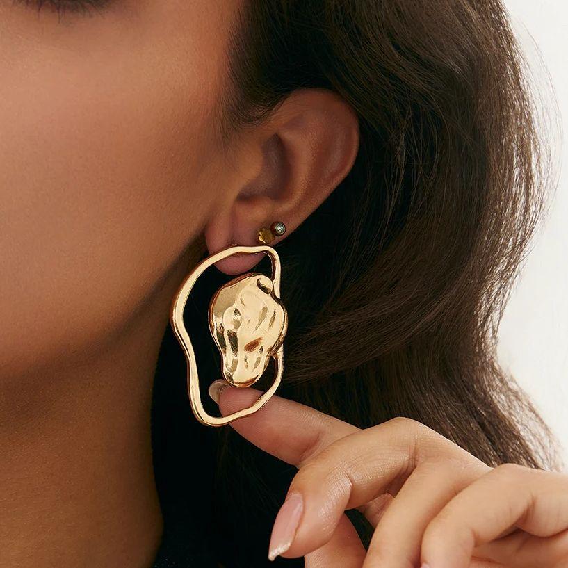 PuRui Goth Gold Color Creative Unique Wrinkled Texture Stud Earrings for Women Hollow Irregular Geometric Earrings Y2K Zircon