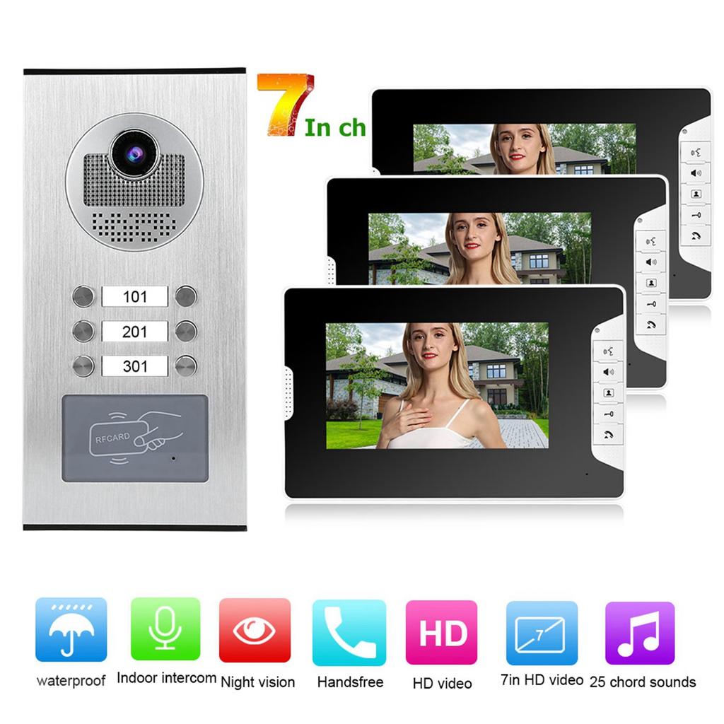 7in Video Intercom 3 Monitors Smart Doorphone System RFID Night Vision Doorbell