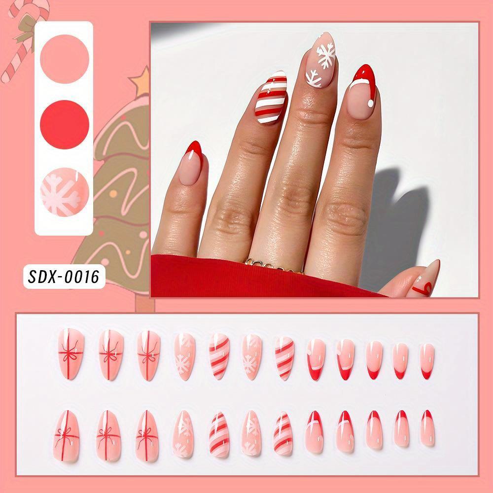 24 Pcs French Press On Nails Almond Christmas Hat Red and White Striped Bow Snowflake False Nails Kawaii Fake Nails Medium