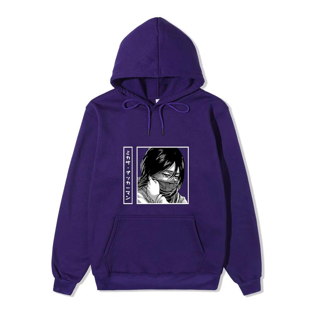 Unisex Attack on Titan Mikasa Ackerman Hoodie, Black White Manga Graphic Print Long Sleeve Pullover Hooded Sweatshirt Streetwear