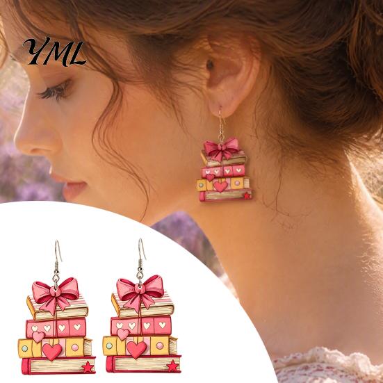 Statement Earrings for Women 1 Pair Acrylic Book Women, Vintage Stacking with Pink Chic School Season Accessories Bow And Heart, Funny Dangle Jewelry,