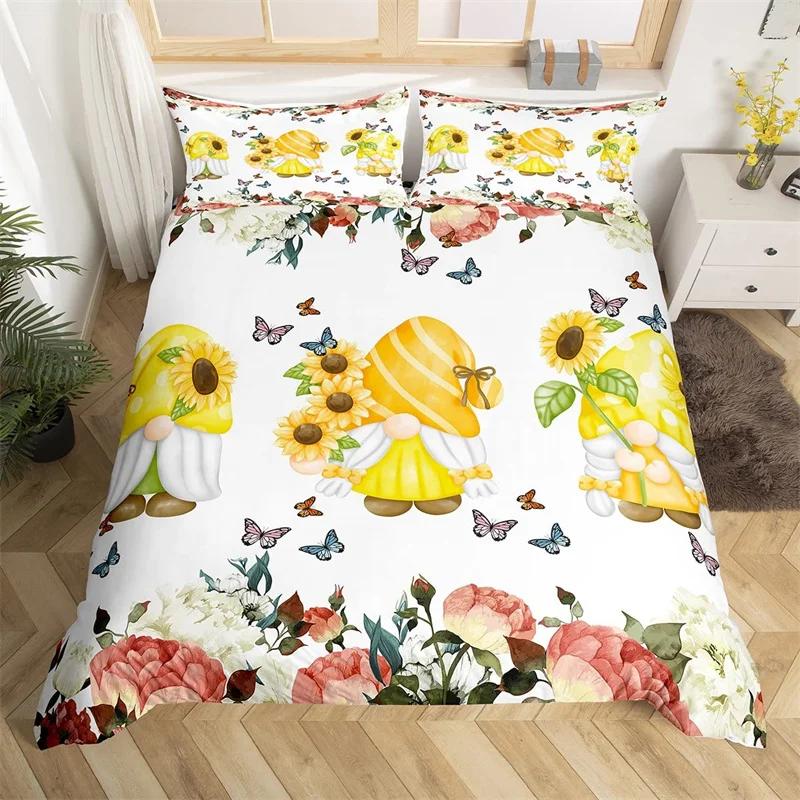 Spring Flower Gnomes Duvet Cover Romantic Rose Floral Bedding Set Microfiber Lovely Christmas Dwarf Quilt Cover Twin King Size