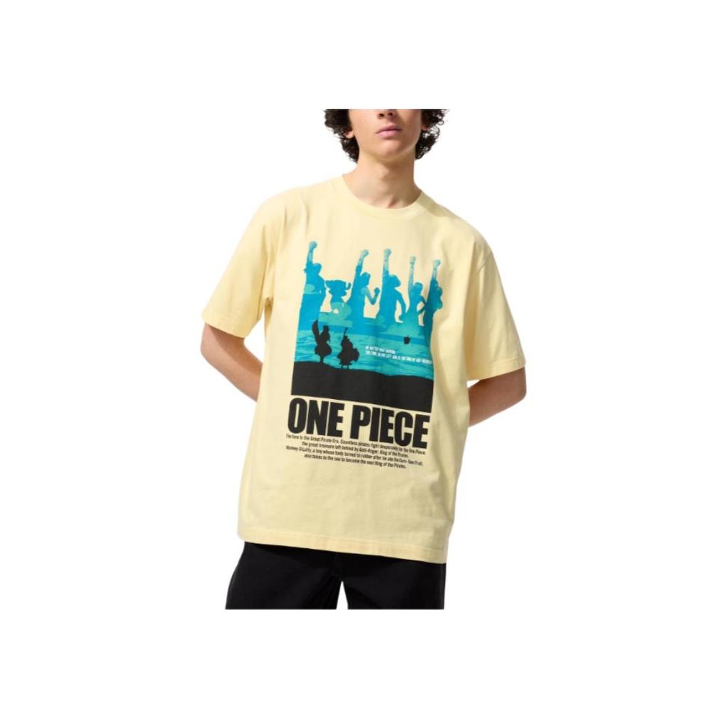 Uniqlo × Коллаборация One Piece SS25 Силуэтный узор Принт с буквами Свободная повседневная футболка с коротким рукавом Мужские футболки Желтый 480692-41