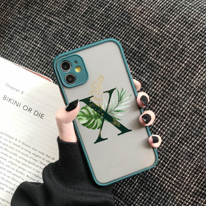 Чехол для телефона с начальной буквой от A до Z Для iPhone 12 13 Mini 11 Pro Max Листья Алфавит Зеленая задняя крышка Для iphone 11 14 promax Чехлы