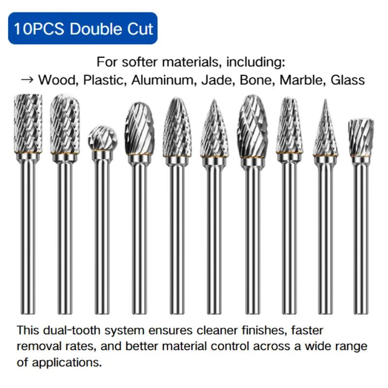Набор из 10 твердосплавных боров, совместимый с Dremel, хвостовик 1/8", шлифмашина, вращающийся инструмент, рашпильные насадки, резьба по дереву, металлу, электрическая шлифовка