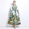 Spring Autumn Women Vintage Print Deep V-neck Full Sleeve Single Breasted Long Maxi Holiday Beach Dresses