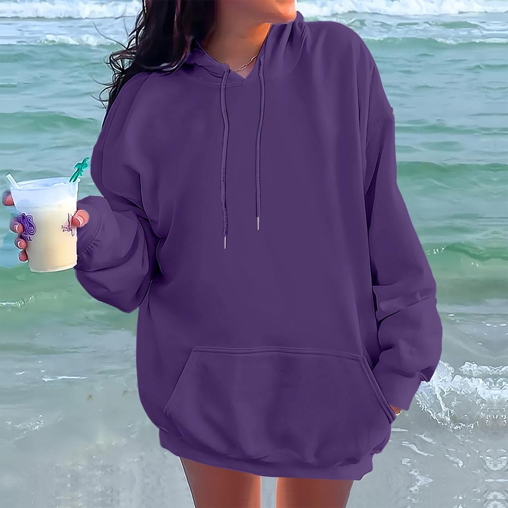 Женская модная повседневная толстовка с длинными рукавами и круглым вырезом с капюшоном, однотонная толстовка с прошитой нитью