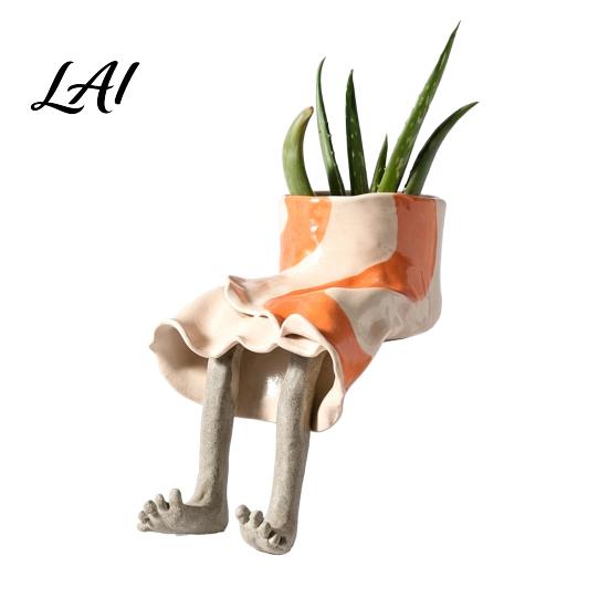 Artistic Gardening Gift Cute Leggy Planter Sitting Human Resin Planter with Legs Shelf Sitter Office Desk Plant Ornament Pot for Succulents
