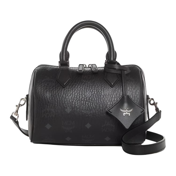 MCM Black Visetos Pebbled Leather Boston Duffle Bag with Silver Hardware for Daily Use