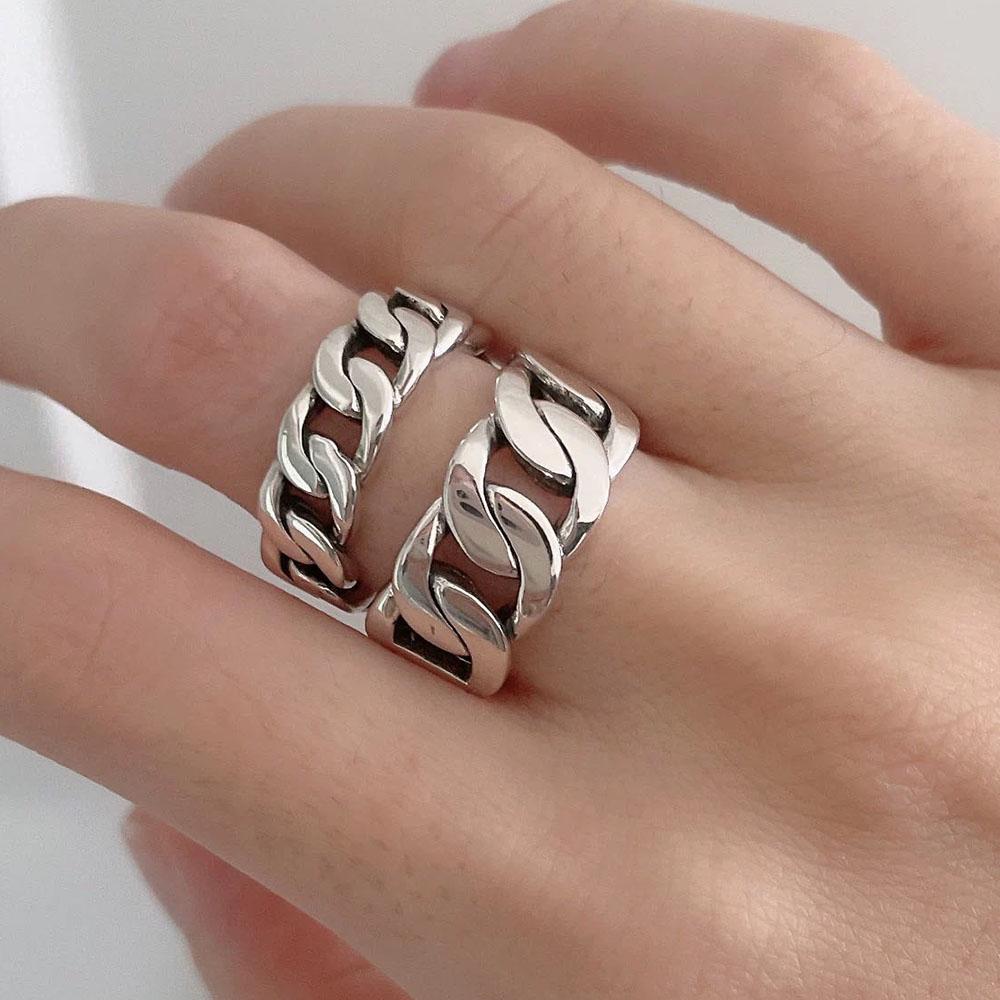 925 Sterling Silver Rings For Women Geometric Fine Jewelry Finger Adjustable Simple Vintage Chain Ring For Party Birthday Gift