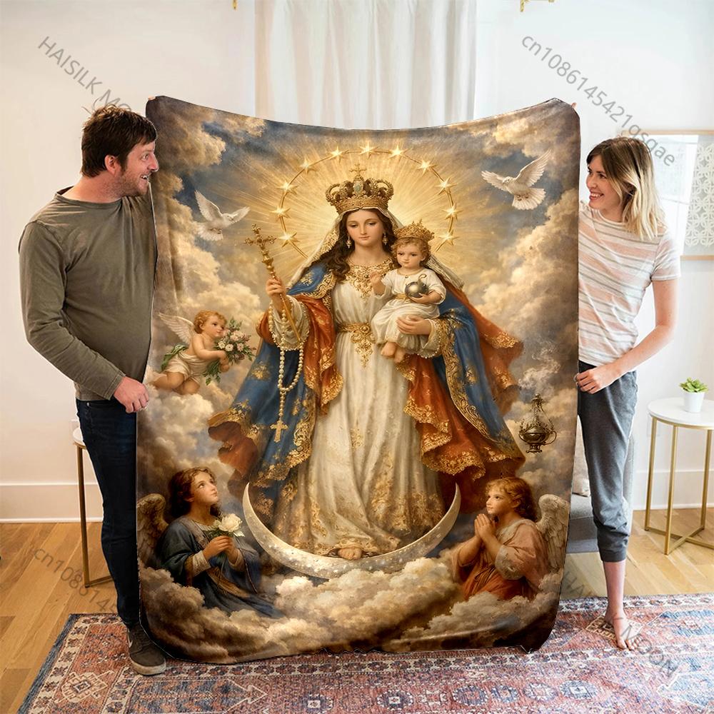 Crown of the Virgin Mary surrounded by angels and golden clouds Print Blanket Warm Soft Fluffy Kids Adult Sofa Bed Throw Blanket