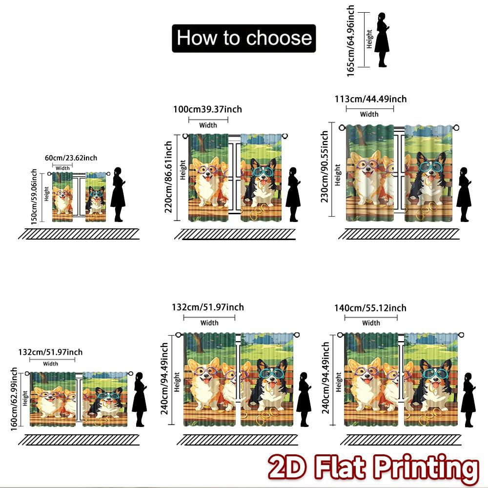 2D flat printing 2pcs Curtains Cute Corgi Puppies Sitting Bench Digital Printed Polyester Drapes Family Party Decoration Use for