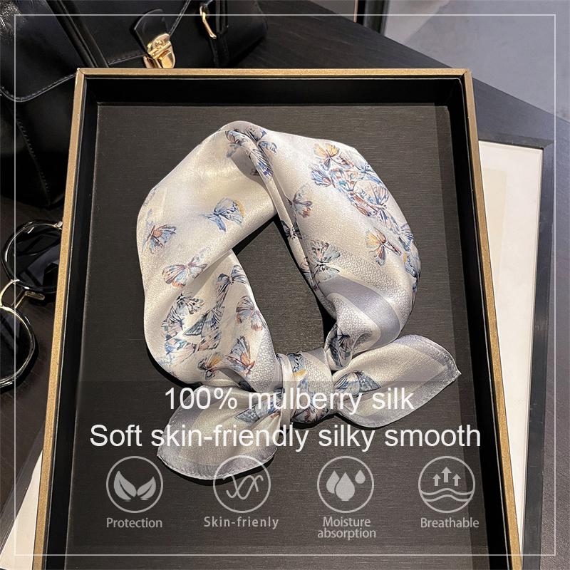 Women Butterfly Pattern Really Silk Scarf for Gift Bandana Square Scarves Kerchief Mulberry Silk Bag Wrap Handle Tie Headband