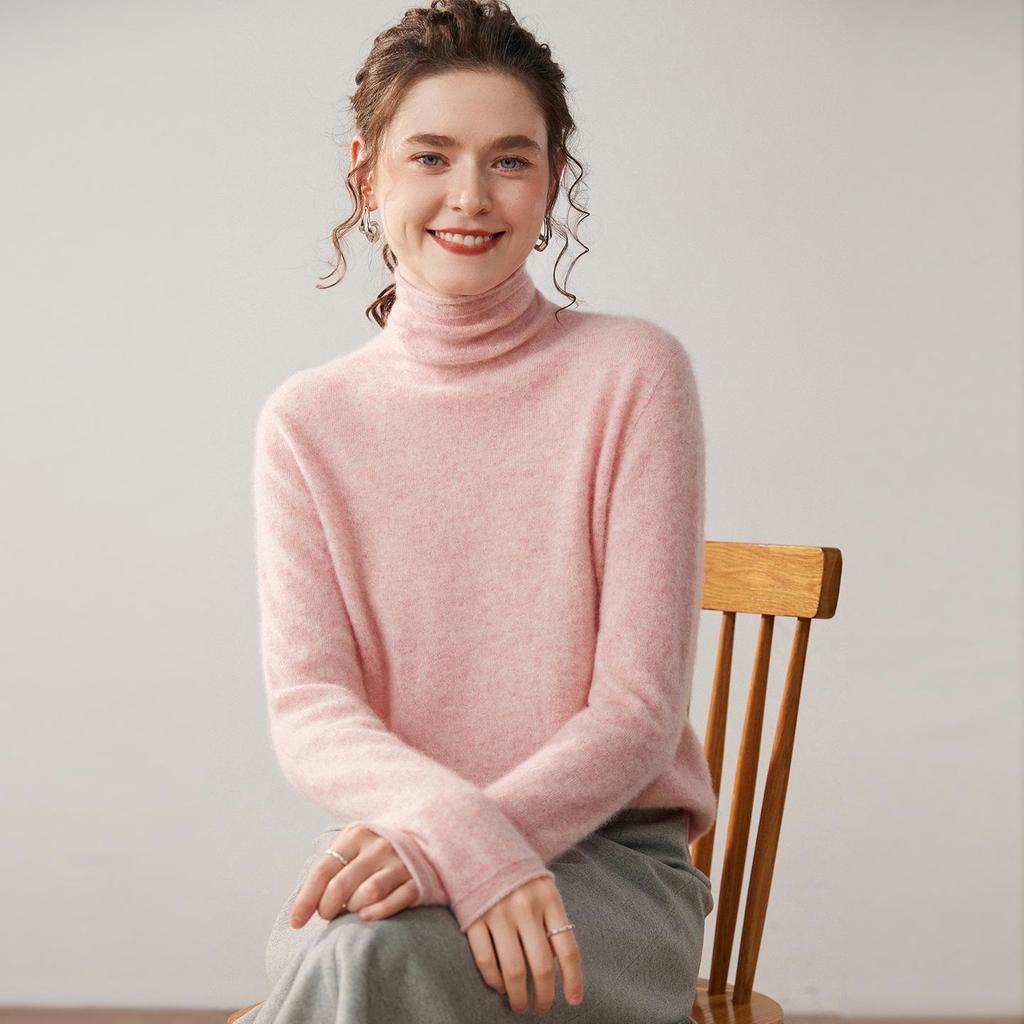 Women's Solid Color Cashmere Knit Sweater with Stacked Collar