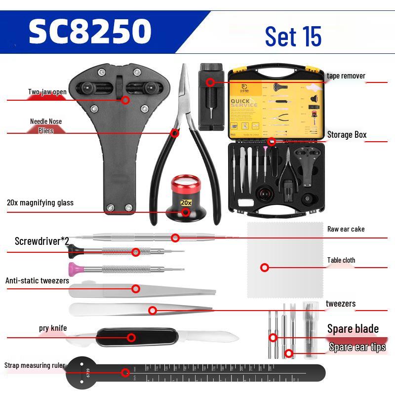Набор инструментов для ремонта механических часов: снятие корпуса, ремешка, регулировка звеньев и замена батарейки.
