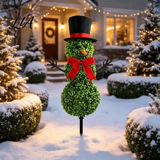 Three Ball Snowman Display Christmas Yard Stake, Simulation Topiary Decoration for Durable Plastic Stake Indoor Outdoor Porch Garden, Festive