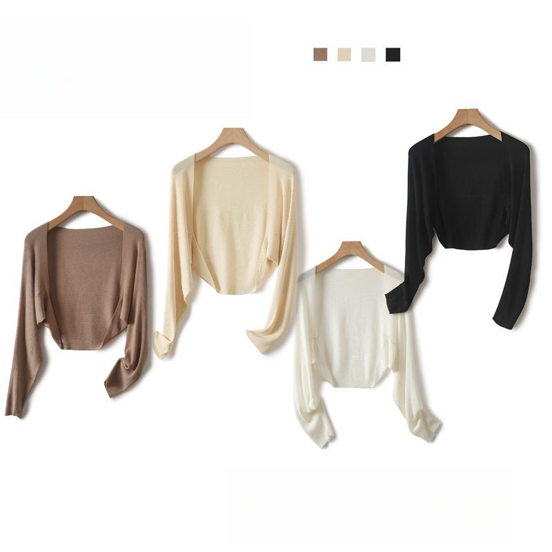 Льняной шёлковый трикотажный кардиган с длинными рукавами, женский короткий жилет, летняя блузка, тонкая шаль, верхняя одежда, солнцезащитная одежда
