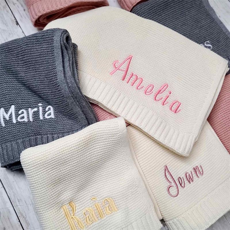 Personalized Kid Name Baby Blanket Embroidered New Born Baby Blanket Stroller Swaddles Breathable Cotton Knitted Blanket Bedding