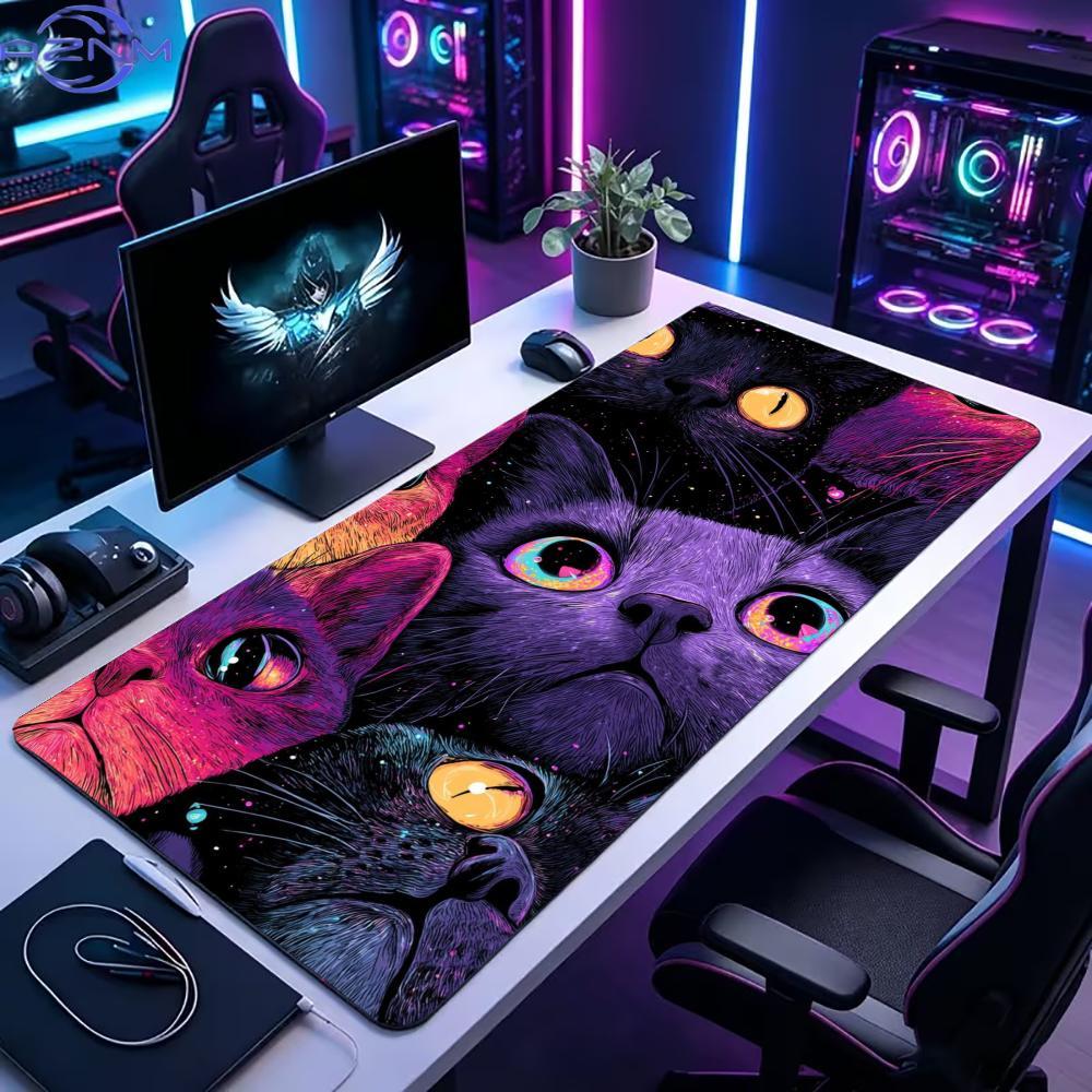 Large Gaming Mouse Pad Desk Mat Keyboard Pad Neon Galaxy Colorful Big Eye Cat Cartoon Print Non Slip Rubber Extended Pc Computer