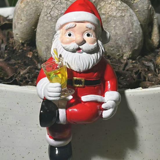3 Pcs Santa Planter Hugger Figurine Miniature Santa Claus Holding Red Wine/Drinks Flower Pot Decoration for Bonsai Aquariums Garden Decor