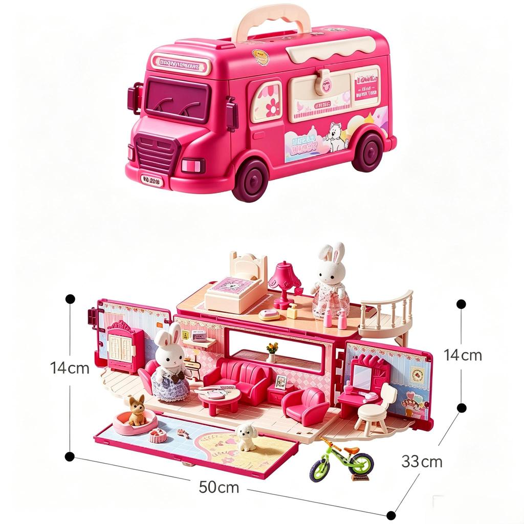 Kids Rabbit House Bus Playset, Pretend Play Princess Dollhouse Toy, Creative Role Play Gift for Girls Age